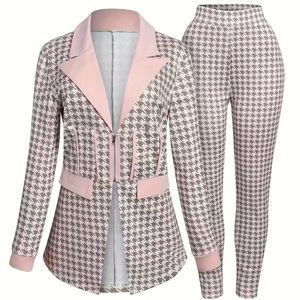 Elegant Houndstooth Print Two-piece Pant Set in Pink/Brown